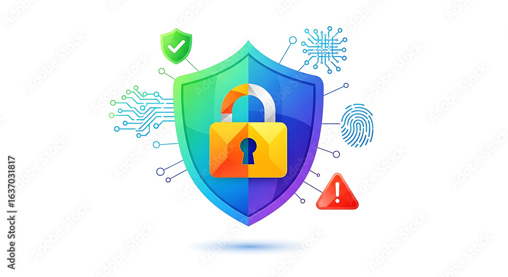 Aufkleber illustration of a shield with an open padlock and various security related icons around it