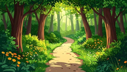 A sunlit path winds through a lush forest