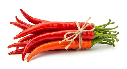 A vibrant, freshly harvested bunch of red hot chili peppers tied with natural twine string.