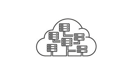 Line drawing of cloud computing network with servers connected inside a cloud shape outline design