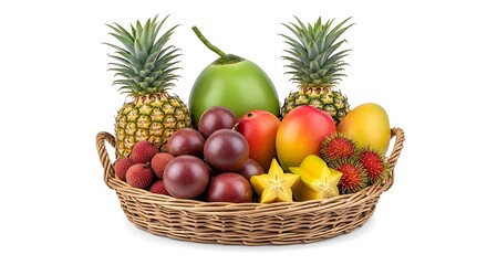 A beautiful arrangement of fresh tropical fruits like pineapple, coconut, and mango in a basket