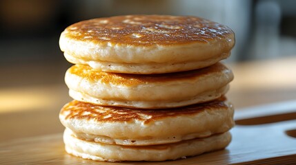 Pancakes stacked on wooden board
. Golden fluffy pancakes stacked high on wooden tray. Morning homemade breakfast atmosphere. National Pancake Week