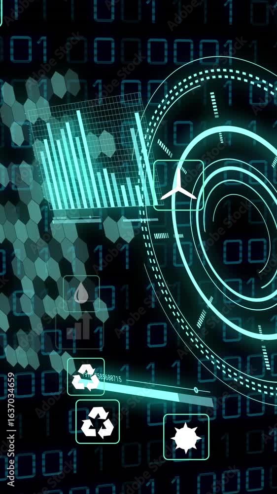 Poster animation of eco icons, data processing over scopes scanning