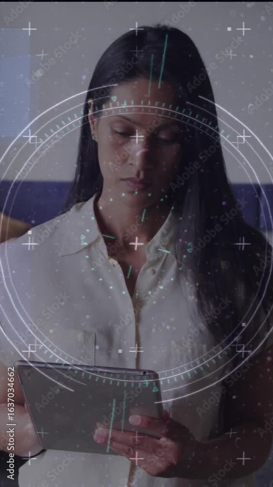 Poster animation of scope and data processing over businesswoman using tablet