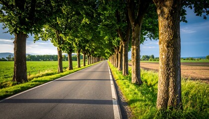 Fototapeta premium Country road lined with trees under a bright sky