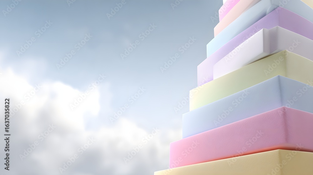 Aufkleber colorful rectangular blocks stacked in a pyramid shape against a sky with clouds.