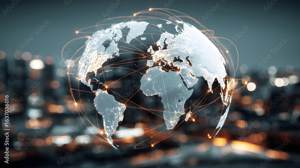 Aufkleber global network connection displayed on a transparent globe.