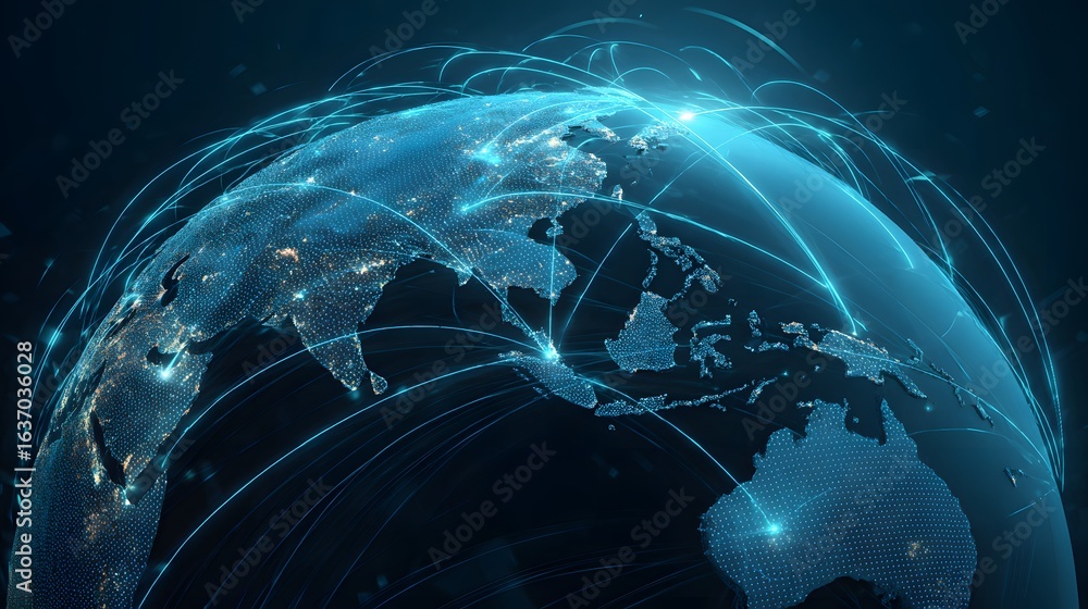 Aufkleber global network connecting illuminated world map.