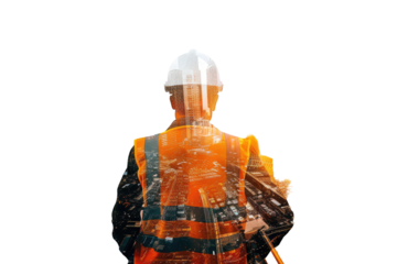 Double exposure of construction worker and cityscape