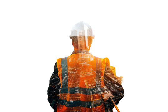 Double exposure of construction worker and cityscape