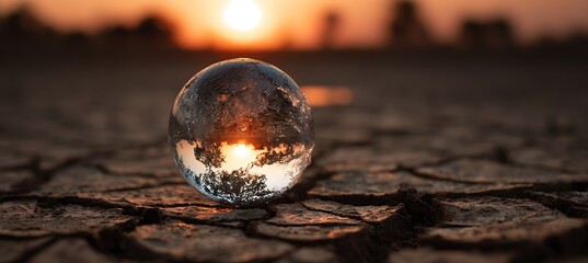 Radiant evening sun illuminates a fragile glass globe on the dry, fractured earth surface