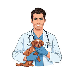 Cartoon illustration of a smiling male veterinarian in a white coat holding a brown puppy on a clean white background.