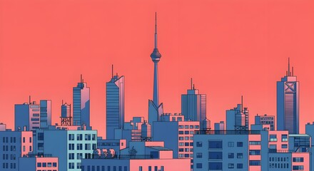 Fototapeta premium minimalist illustration of a city skyline featuring a variety of stylized buildings in blue and white against a vibrant pink sky.