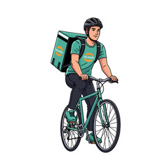 A delivery person riding a bicycle with a large backpack in a cartoon style against a white background