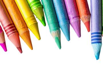 Close-up of colorful crayons, pointed ends angled diagonally across image.  Vibrant hues of rainbow spectrum against black background