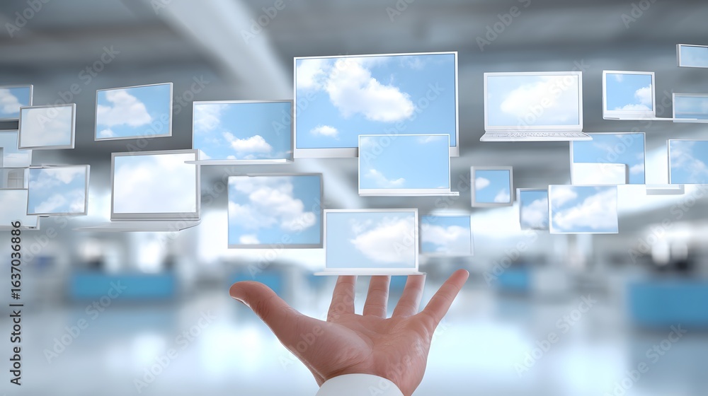 Poster digital screens hovering above a hand.