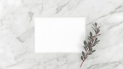 Minimal flat lay mockup with blank white card on elegant marble background beside green eucalyptus branch, perfect template for modern invitation, branding, or design presentation
