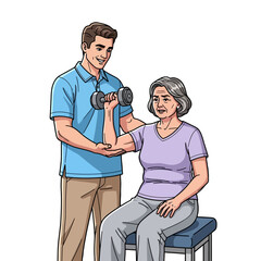 Physical therapist assisting senior woman with dumbbell exercise