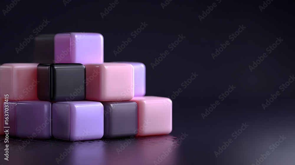 Poster stack of colorful geometric cubes on a dark surface.