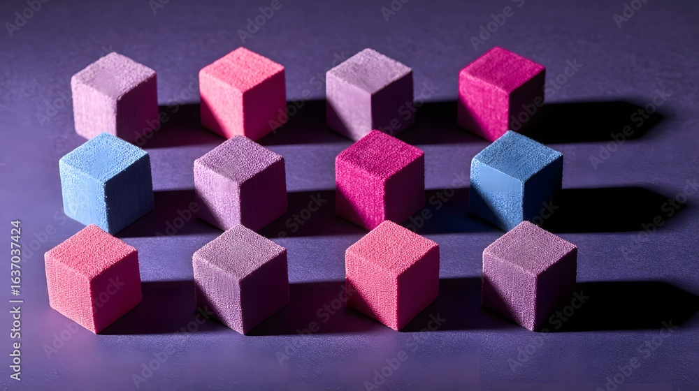 Poster colorful cubes arranged in a grid pattern on a dark surface.