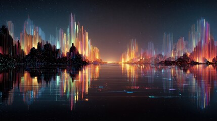 Fototapeta premium Abstract Futuristic Digital Landscape with Shimmering Neon Lights and Dark Reflective Surface