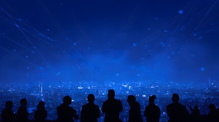 Cityscape at night with people silhouettes and digital network overlays.