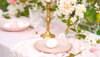 A pastel pink Easter table setting outdoors