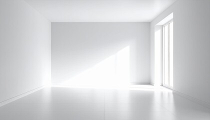A bright, empty minimalist room with clean white walls, glossy floors, and large windows that let in bright natural light.,empty white room