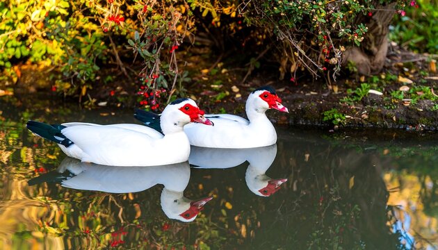 Two white ducks with red crests on a calm pond - Powered by Adobe