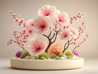 a vase with a flower arrangement in it, japanese flower arrangements, pink bonsai tree, ikebana,