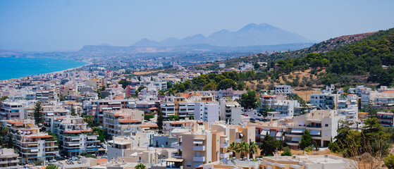 Panoramic view of the Greek city of Rethymno from a height on the island of Crete Greece....