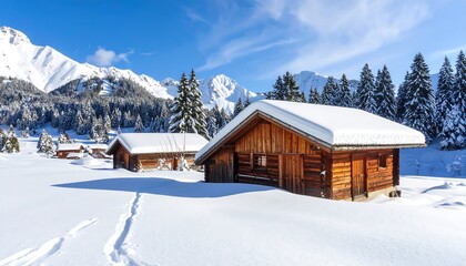Snowy alpine wooden cabins