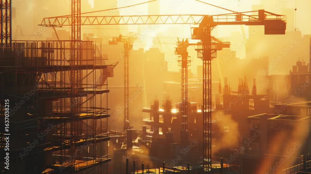 Poster a construction site scene featuring a crane in the foreground, suitable for use in architecture or i