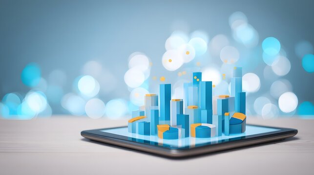 3d bar and pie charts displayed on a tablet. - Powered by Adobe