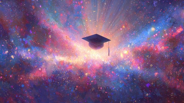 Abstract Graduation Cap Surrounded by Colorful Explosions of Light and Energy in the Universe