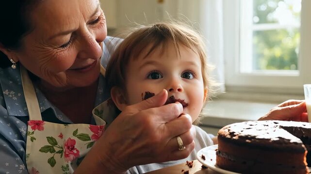 Elderly Caucasian Female Feeding Chocolate Cake to Young Child in Bright Kitchen Setting