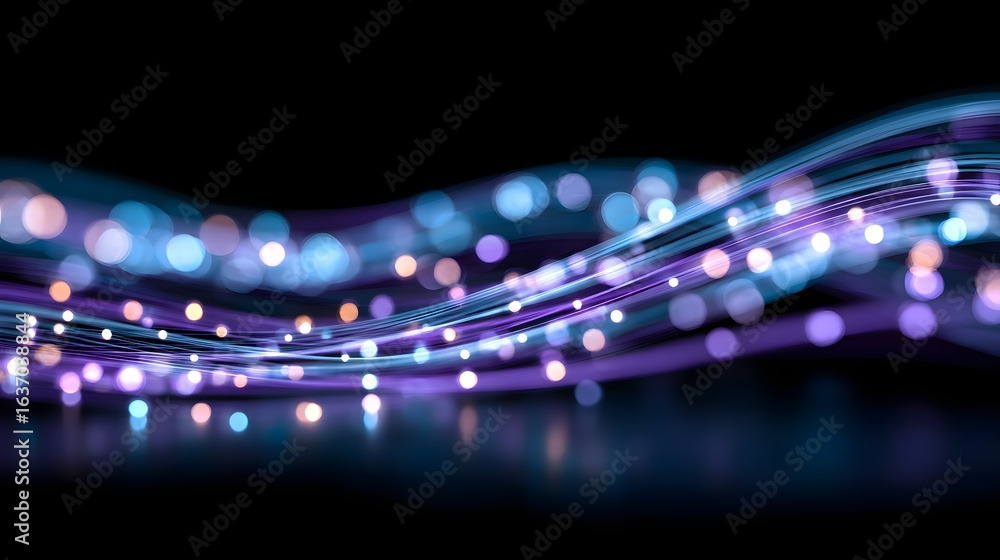 Poster abstract design with flowing lines and bokeh lights.
