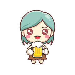 A cute cartoon character of a woman holding a mug of beer, with a cheerful expression on her face. The image exudes joy and celebration. 