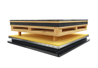 Cross-section of a roof deck, revealing layered insulation and support structure.  Wooden pallet-like base supports a layer of insulation, over a yellow underlayment, and a dark gray metal base