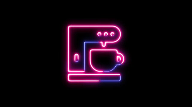 Neon glowing coffee machine icon animation on black background.
