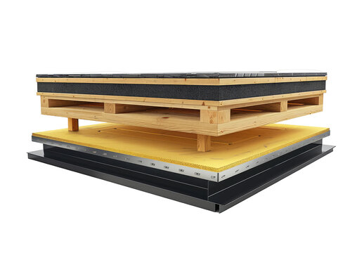 Cross-section of a roof deck, revealing layered insulation and support structure.  Wooden pallet-like base supports a layer of insulation, over a yellow underlayment, and a dark gray metal base