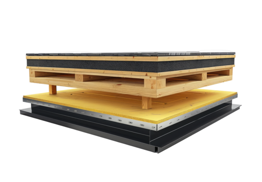 Cross-section of a roof deck, revealing layered insulation and support structure.  Wooden pallet-like base supports a layer of insulation, over a yellow underlayment, and a dark gray metal base
