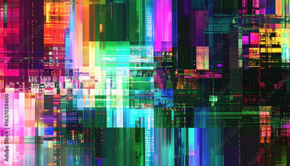 Aufkleber abstract glitch art creates a vibrant, chaotic spectacle with overlapping colors and patterns, repre