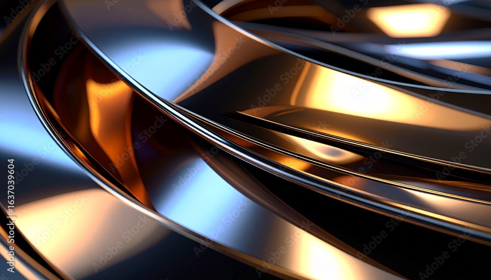 Poster captivating abstract design featu flowing metallic ribbons with a glossy finish, creating a modern a