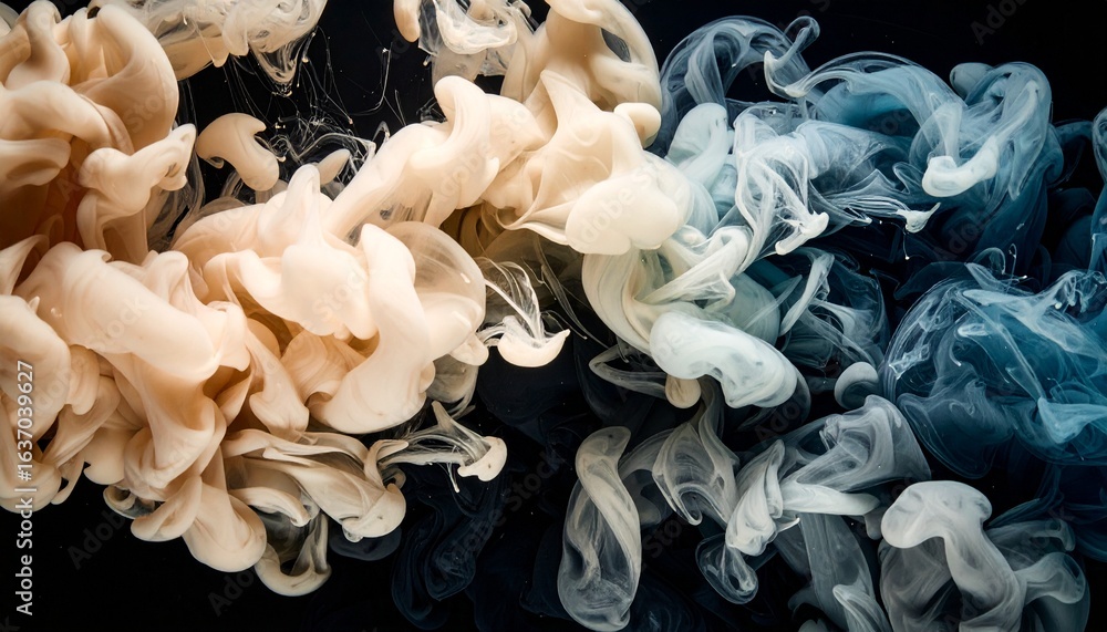 Poster abstract beige and blue ink swirling elegantly together in water against a dark background creating 