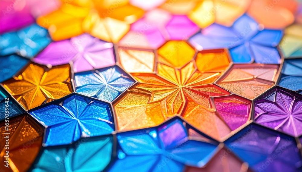 Poster an abstract mosaic of vibrant colorful hexagons with starburst centers creates a mesmerizing kaleido
