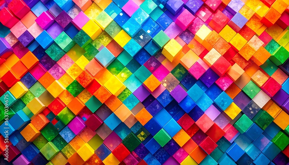 Poster a vibrant mosaic of colorful cubes creates an abstract geometric background, displaying a playful an