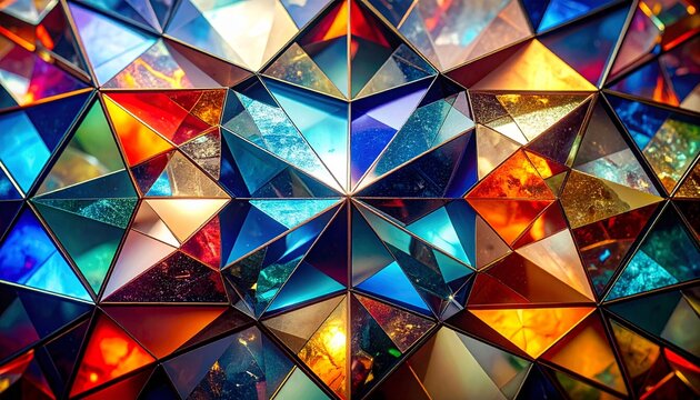 Intricate geometric kaleidoscopic background design showcases colorful glass triangles arranged in a symmetrical stained glass mosaic pattern radiating vibrant light.