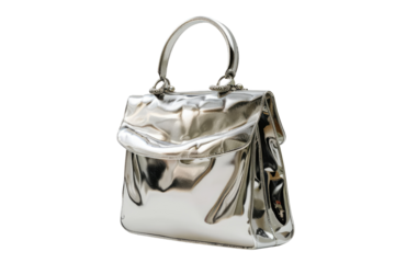 A highly reflective, silver handbag with a top handle.  The bag has a structured, slightly curved shape with a soft, draped appearance