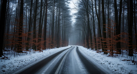 Road winding through a snowy forest with tall trees and a foggy atmosphere on a winter day scenery view ai generated